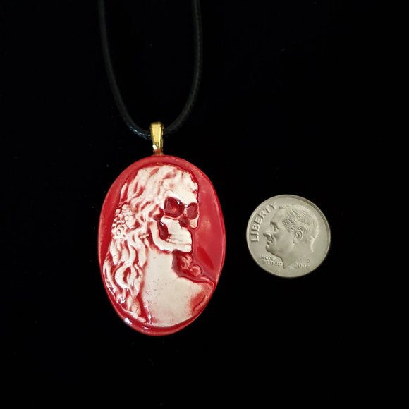Handmade Ceramic Red Skull Cameo Pendant Necklace - Picture 8 of 14